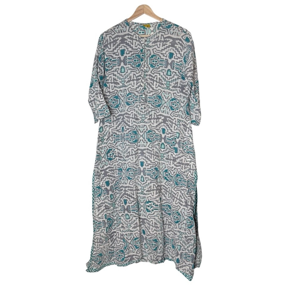 Roberta Roller Rabbit Geometric Cotton Side Slit Midi Dress Size M Gray Green
